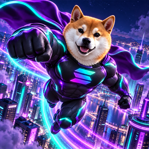 Solana Inu soaring toward the camera over a neon city