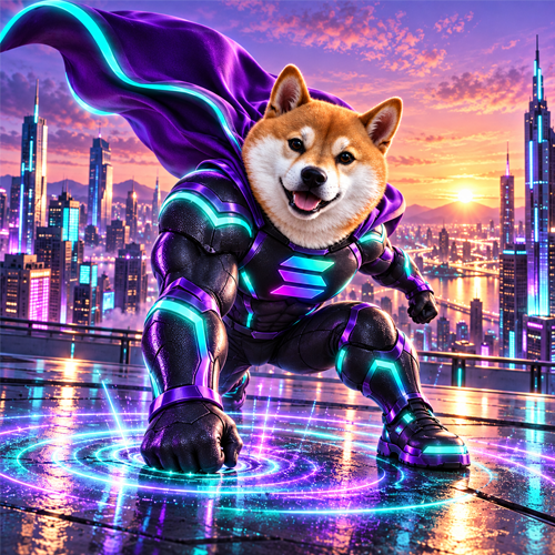Solana Inu landing on a rooftop with glowing energy rings